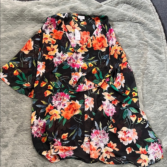 Avenue Tops - Avenue Black Floral Wrap Kimono with Orange, Yellow & Green Accents